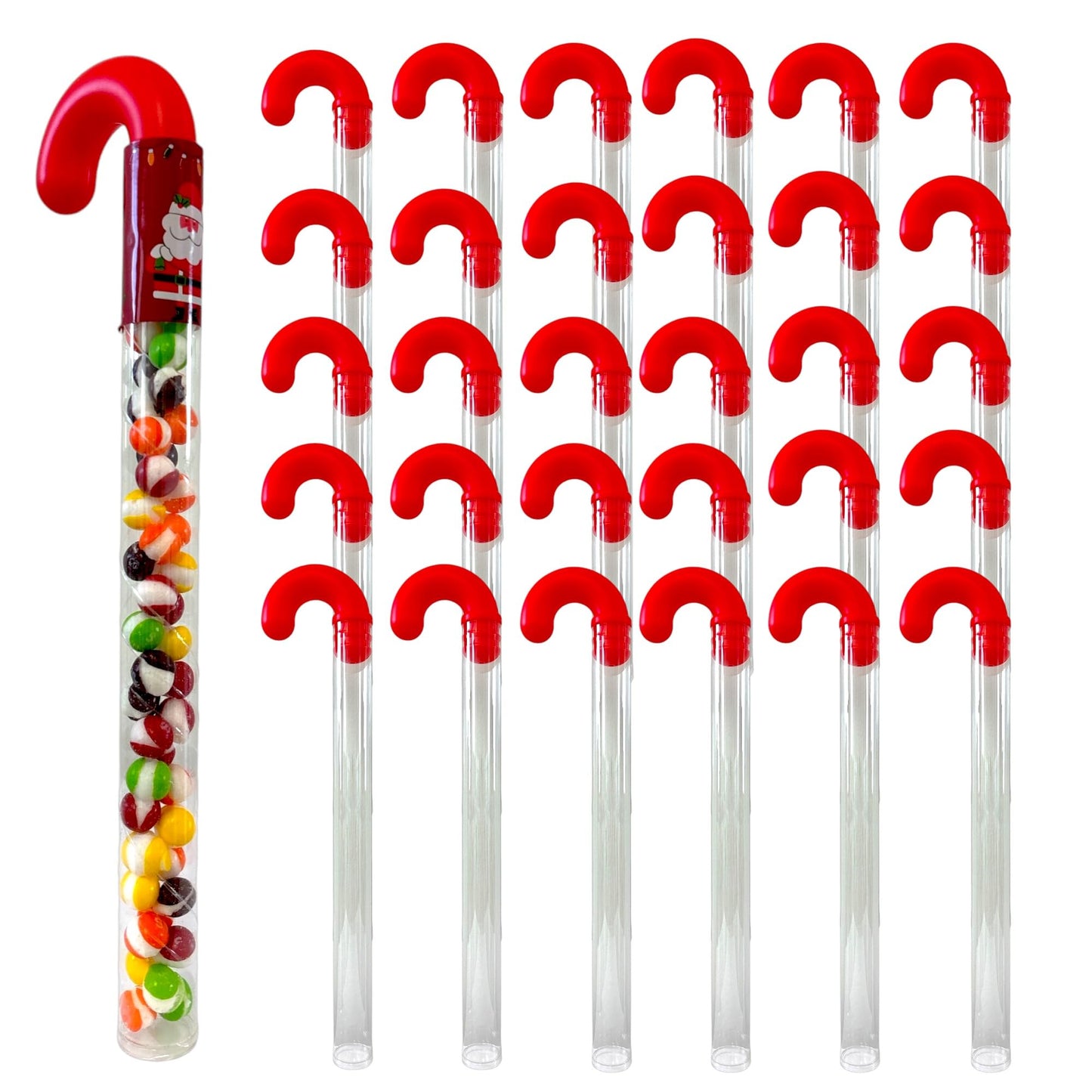 G-Box 35 Empty Christmas Candy Cane Tubes with Red Topper & Santa Stickers | 12" - Clear BPA-Free Plastic, Perfect for Small Candies, a Great Alternative to Christmas Gift Boxes (35, Santa Claus)