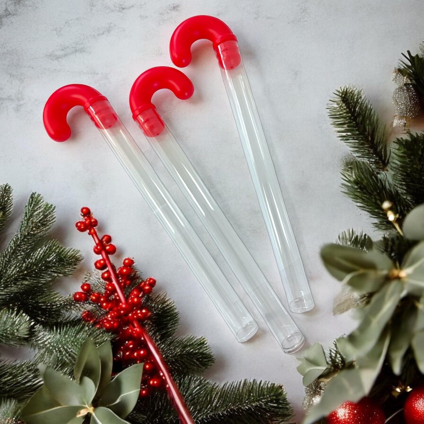 G-Box 35 Empty Christmas Candy Cane Tubes with Red Topper & Santa Stickers | 12" - Clear BPA-Free Plastic, Perfect for Small Candies, a Great Alternative to Christmas Gift Boxes (35, Santa Claus)
