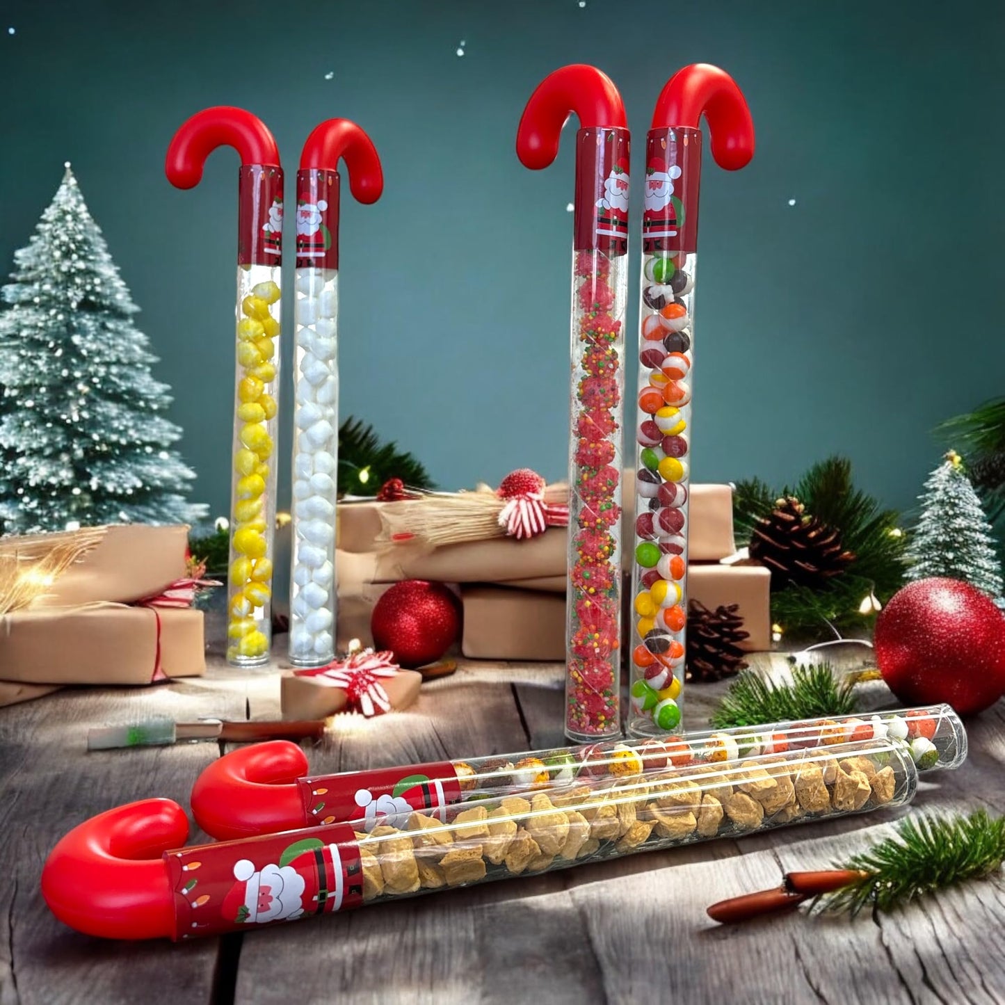 G-Box 35 Empty Christmas Candy Cane Tubes with Red Topper & Santa Stickers | 12" - Clear BPA-Free Plastic, Perfect for Small Candies, a Great Alternative to Christmas Gift Boxes (35, Santa Claus)